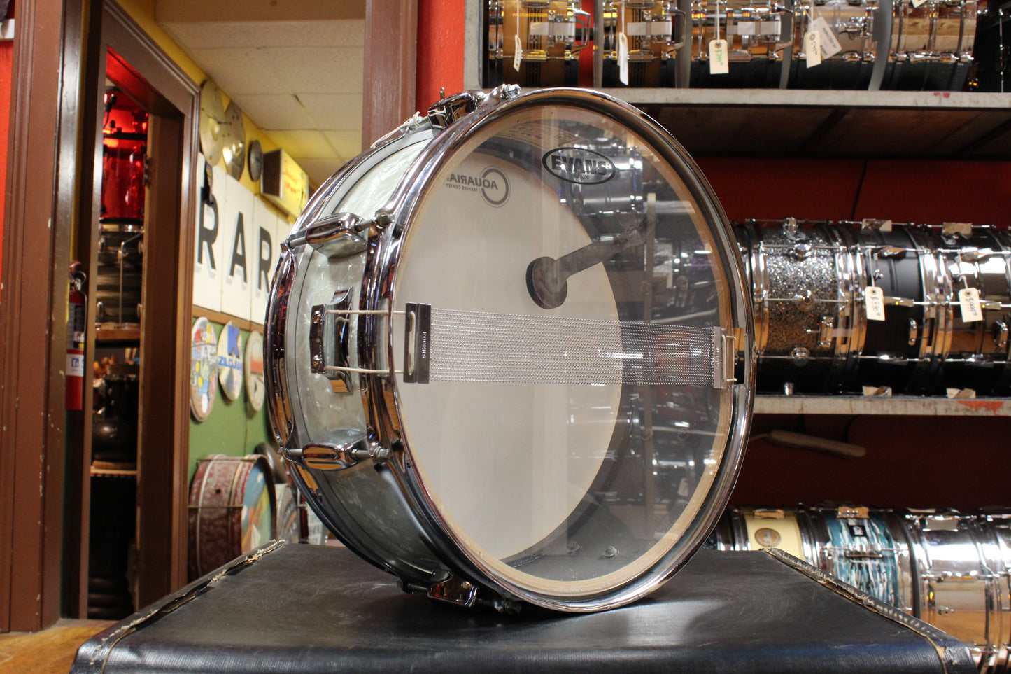 1960s Rogers 5x14 Powertone Snare Drum in White Marine Pearl