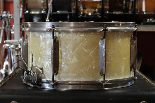 1930's WFL 6.5x14 Ray Bauduc Twin Strainer Dixieland Model Snare Drum in White Marine Pearl