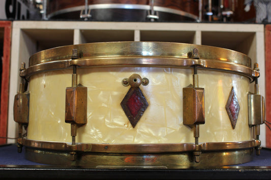 1930s Leedy 5x14 Broadway Snare Drum in White Marine Pearl Full Dress