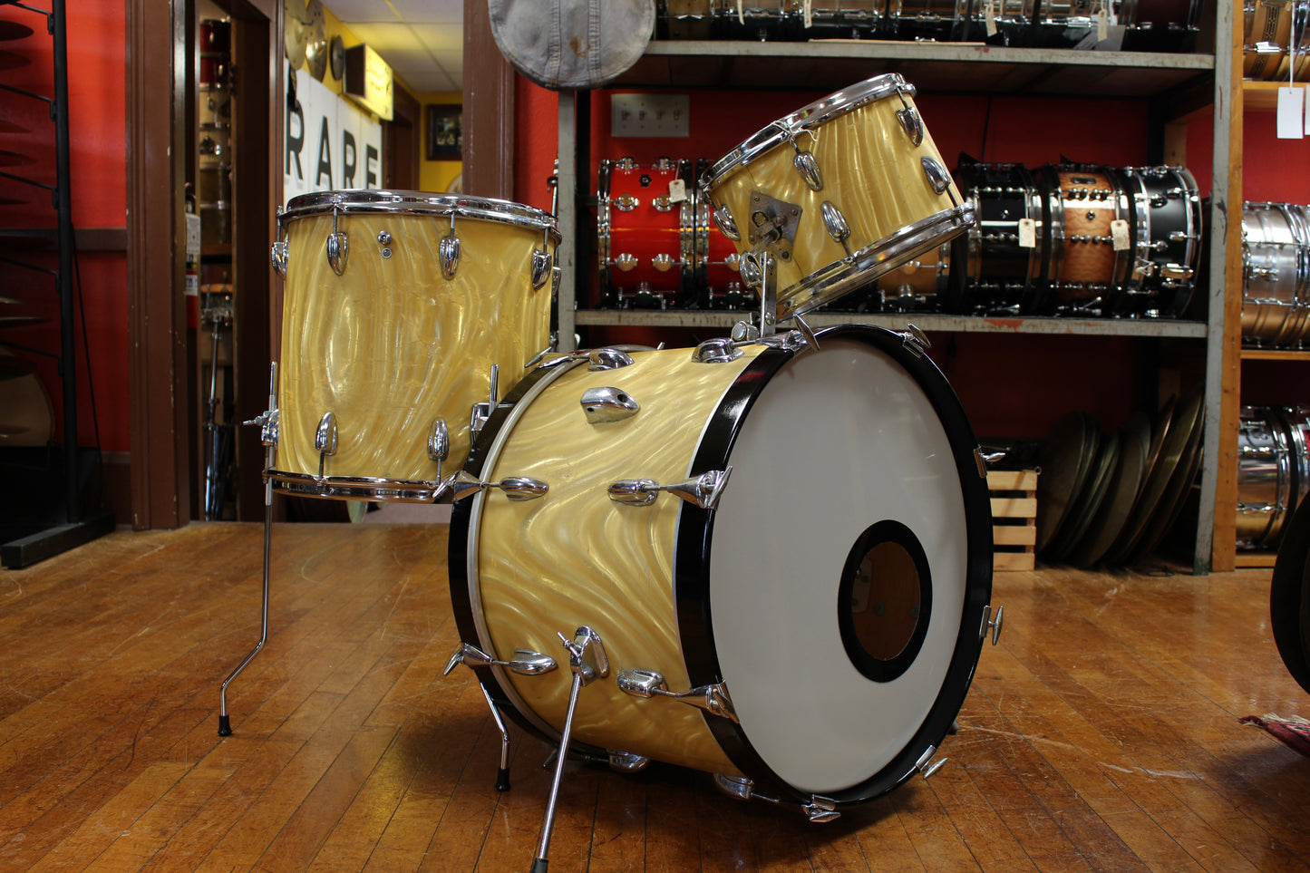 1966 Slingerland Modern Jazz Outfit in Gold Satin Flame 14x20 8x12 14x14