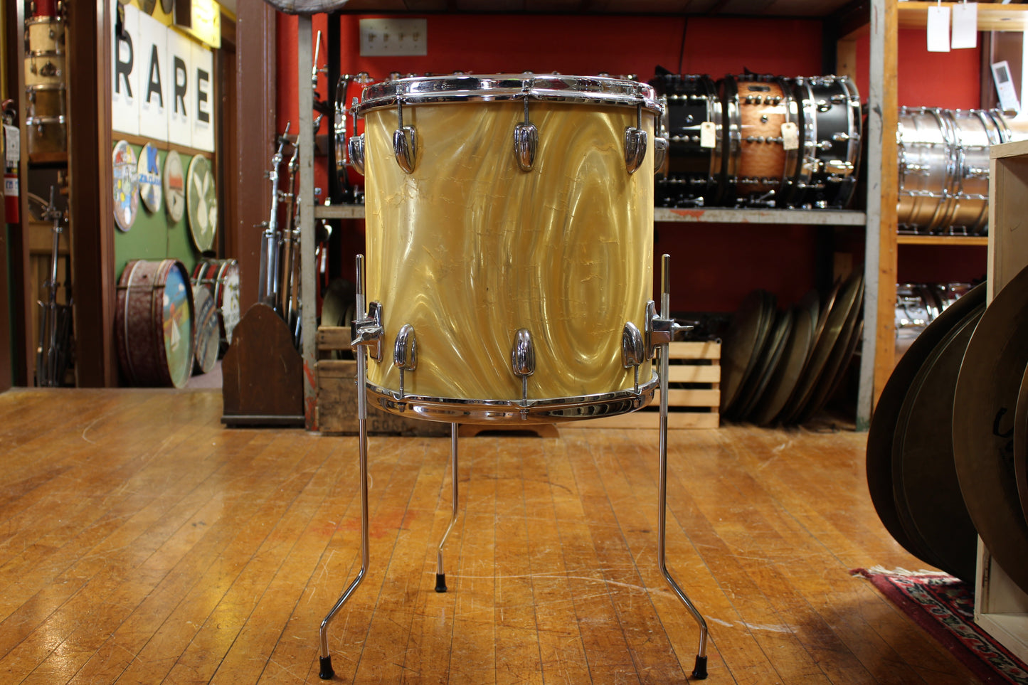 1966 Slingerland Modern Jazz Outfit in Gold Satin Flame 14x20 8x12 14x14