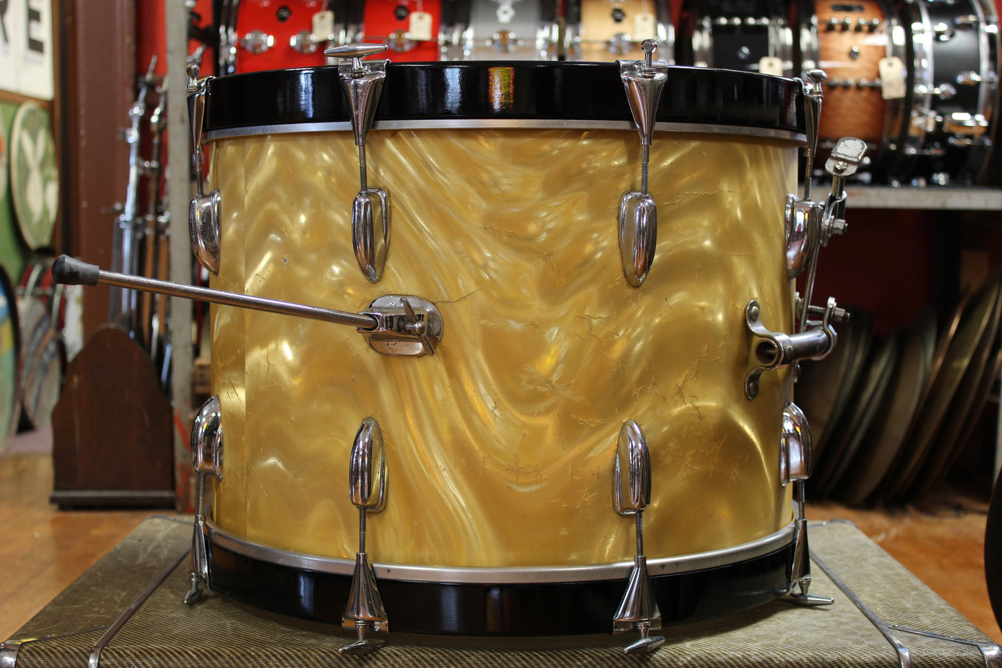 1966 Slingerland Modern Jazz Outfit in Gold Satin Flame 14x20 8x12 14x14