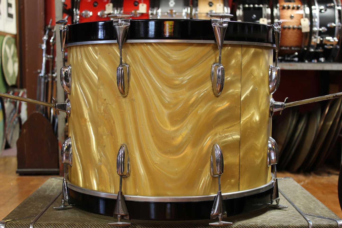 1966 Slingerland Modern Jazz Outfit in Gold Satin Flame 14x20 8x12 14x14