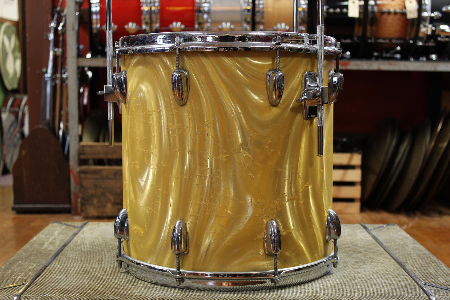 1966 Slingerland Modern Jazz Outfit in Gold Satin Flame 14x20 8x12 14x14