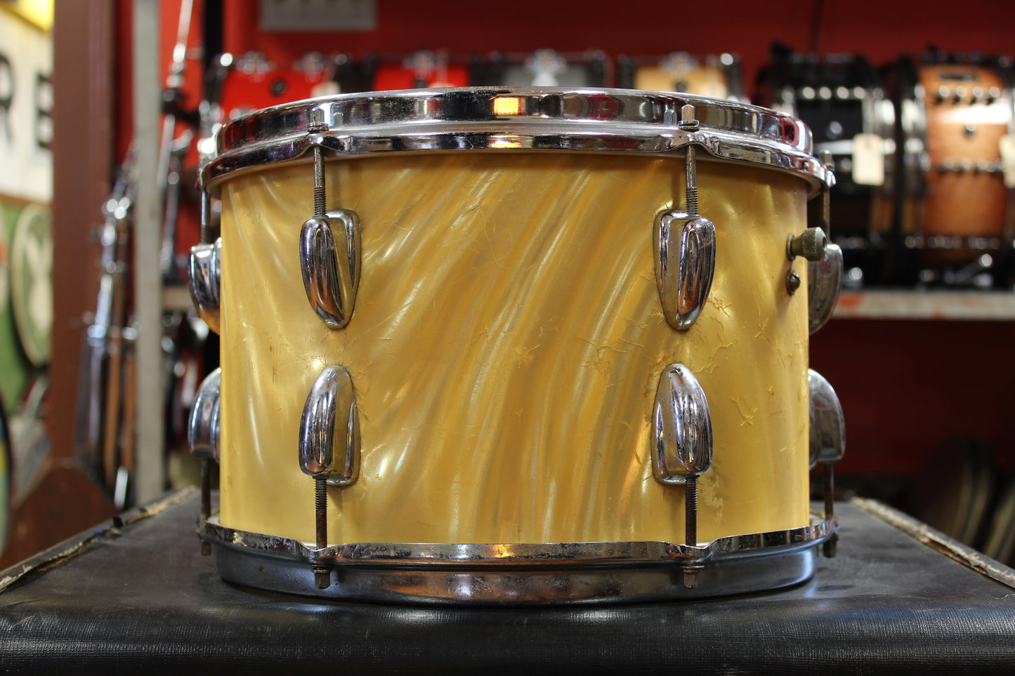 1966 Slingerland Modern Jazz Outfit in Gold Satin Flame 14x20 8x12 14x14