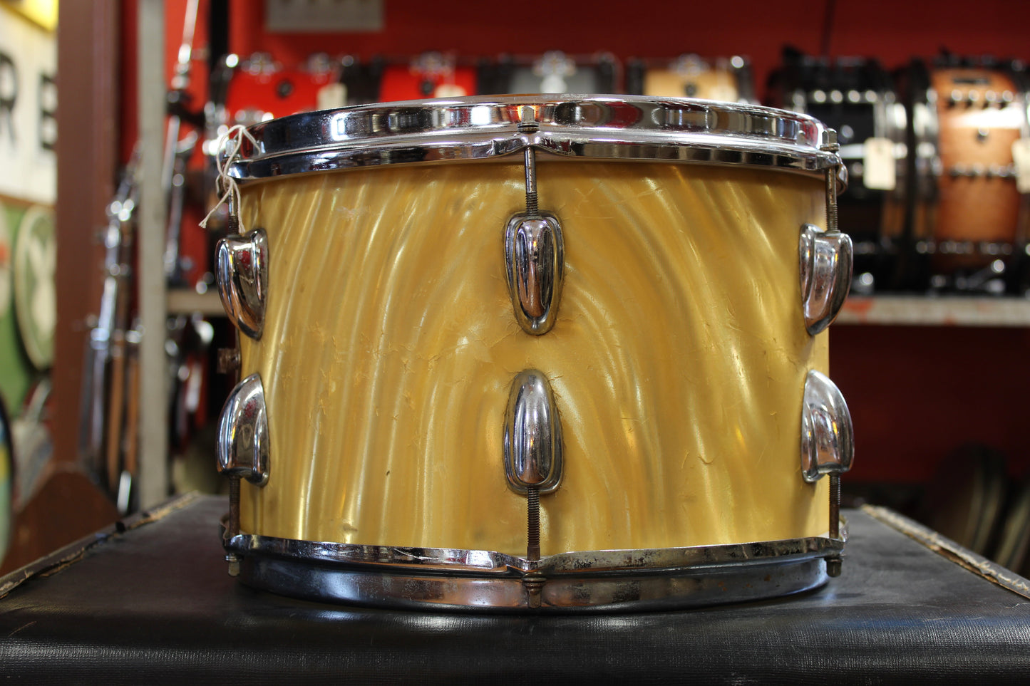 1966 Slingerland Modern Jazz Outfit in Gold Satin Flame 14x20 8x12 14x14