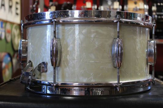 1950s Slingerland 7x14 Radio King Snare Drum in White Marine Pearl