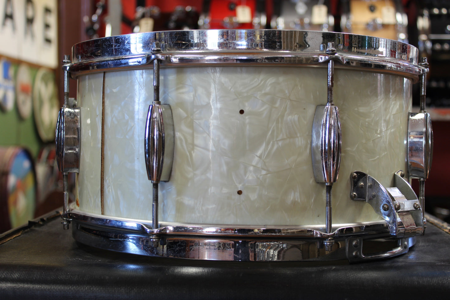 1950s Slingerland 7x14 Radio King Snare Drum in White Marine Pearl