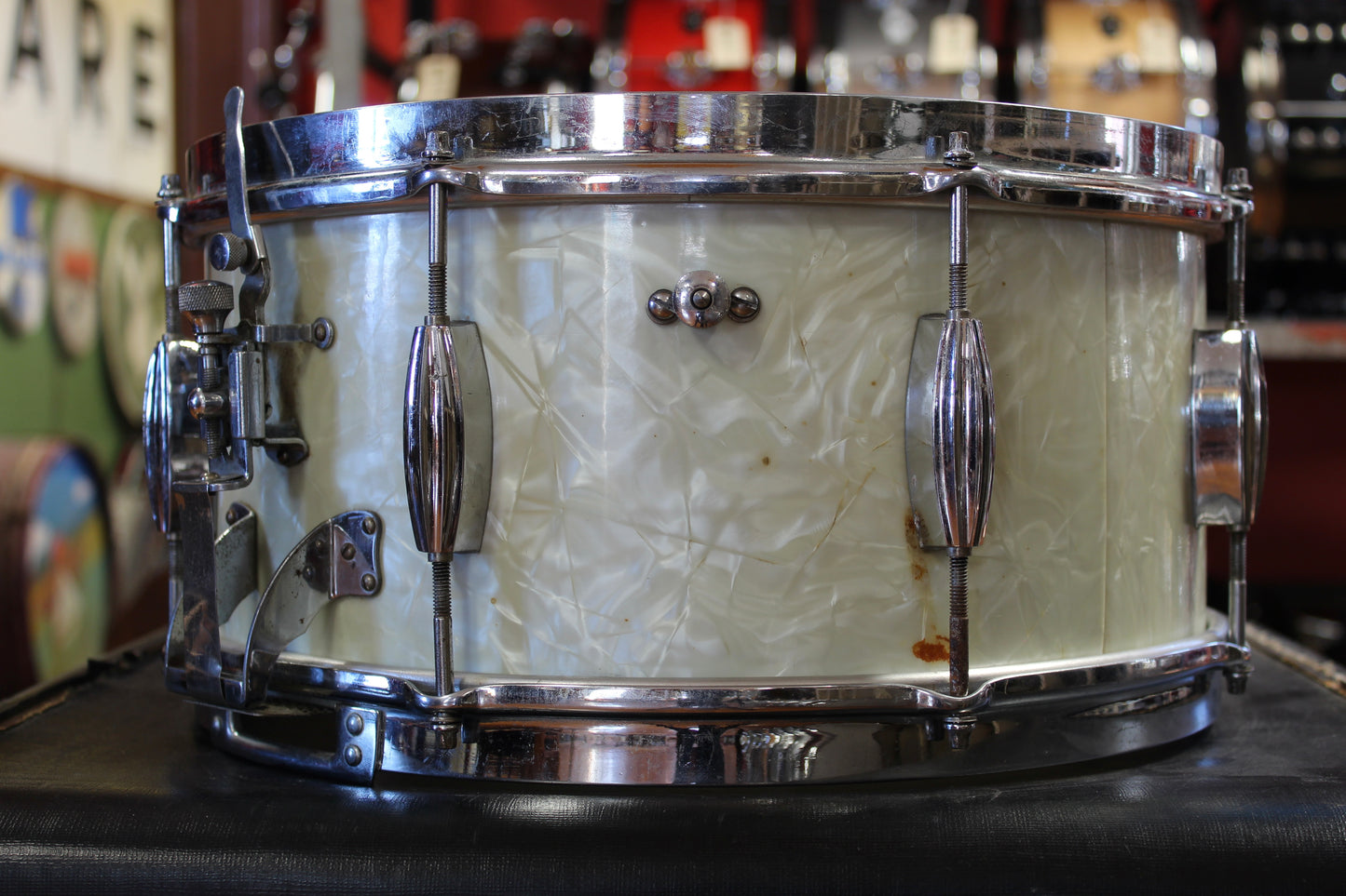 1950s Slingerland 7x14 Radio King Snare Drum in White Marine Pearl