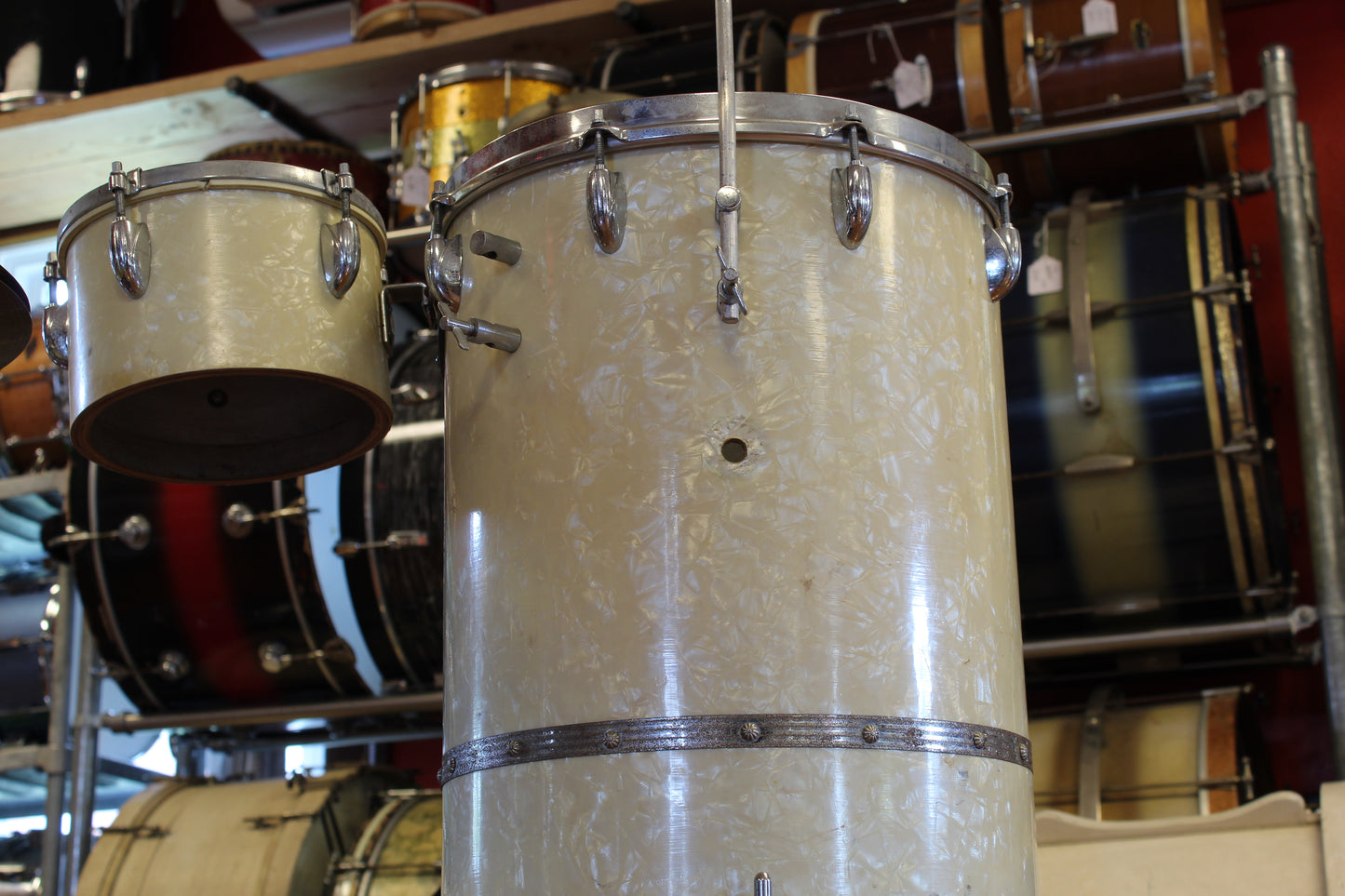 1960's Gretsch Cocktail outfit 28"x14" & 5.5"x8" in White Marine Pearl