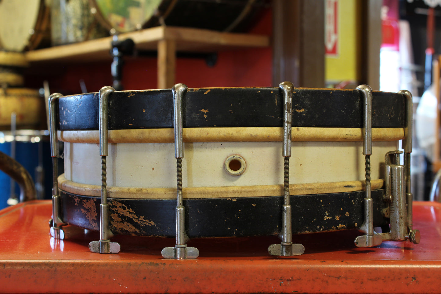 1920's Leedy 4"x14" Thumb Rod Snare Drum in White Lacquer