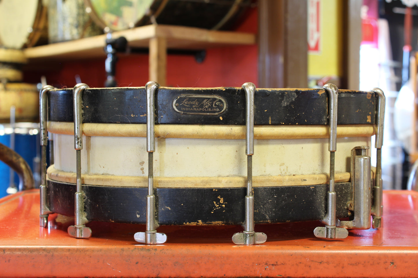 1920's Leedy 4"x14" Thumb Rod Snare Drum in White Lacquer