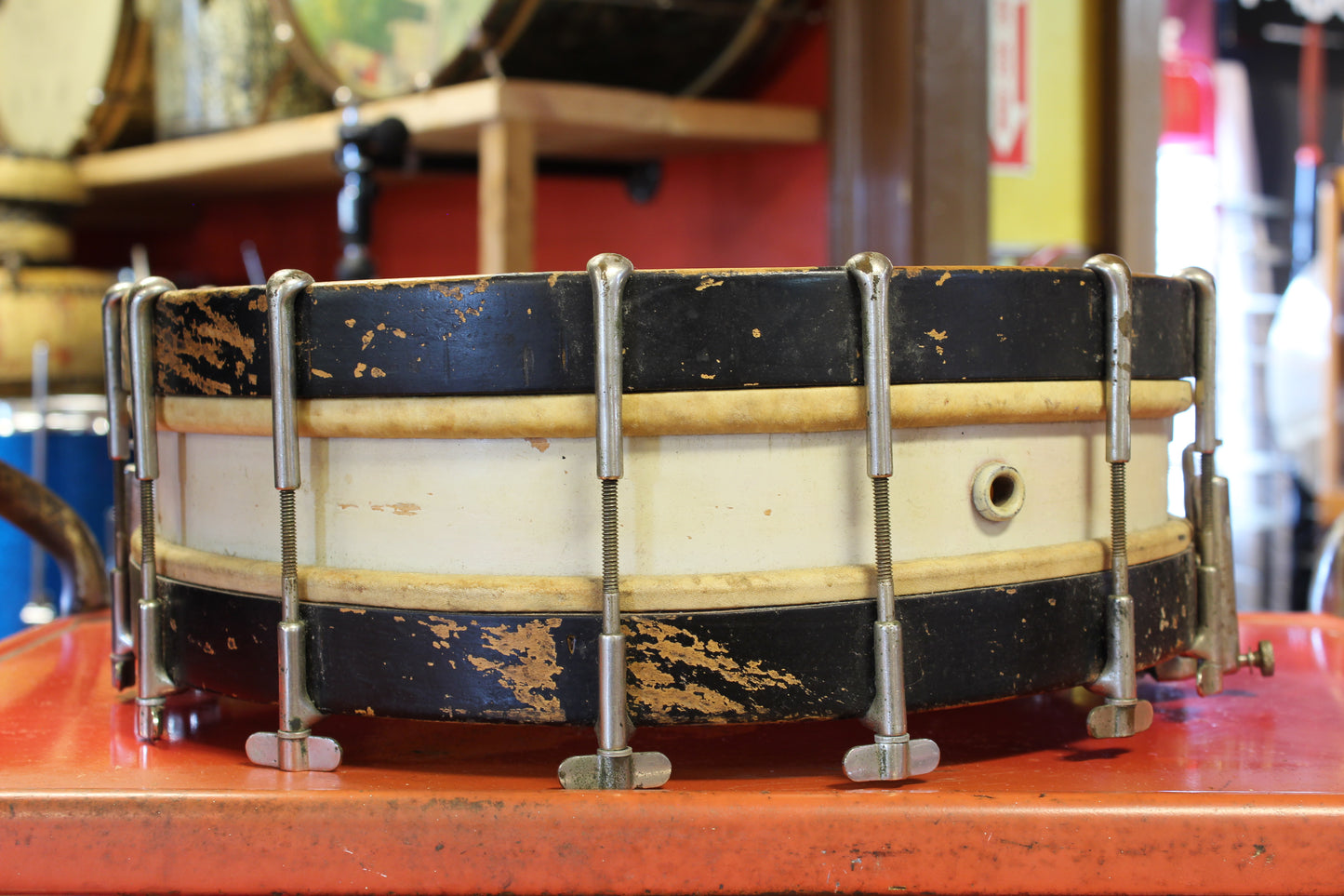 1920's Leedy 4"x14" Thumb Rod Snare Drum in White Lacquer