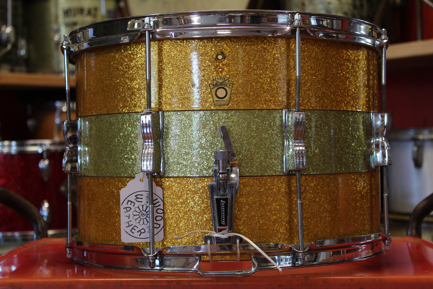 1960's Ludwig 10"x15" Marching Snare in Green and Gold Sparkle Tri Band