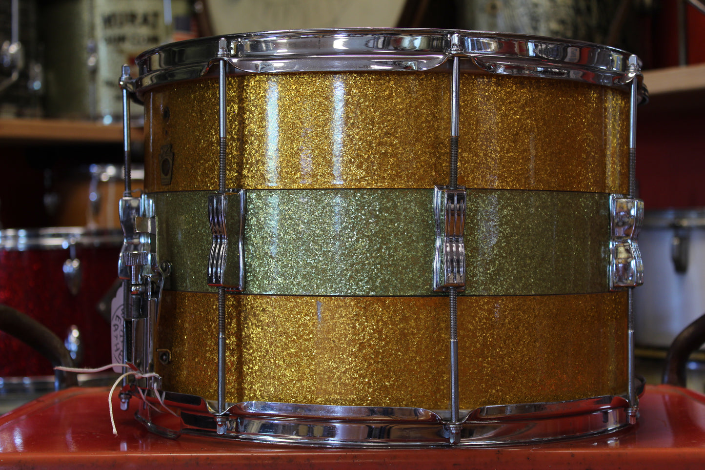 1960's Ludwig 10"x15" Marching Snare in Green and Gold Sparkle Tri Band