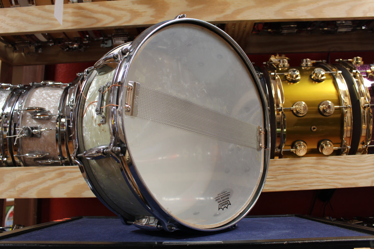 1960s Gretsch 5.5x14 Name Band Snare Drum in White Marine Pearl