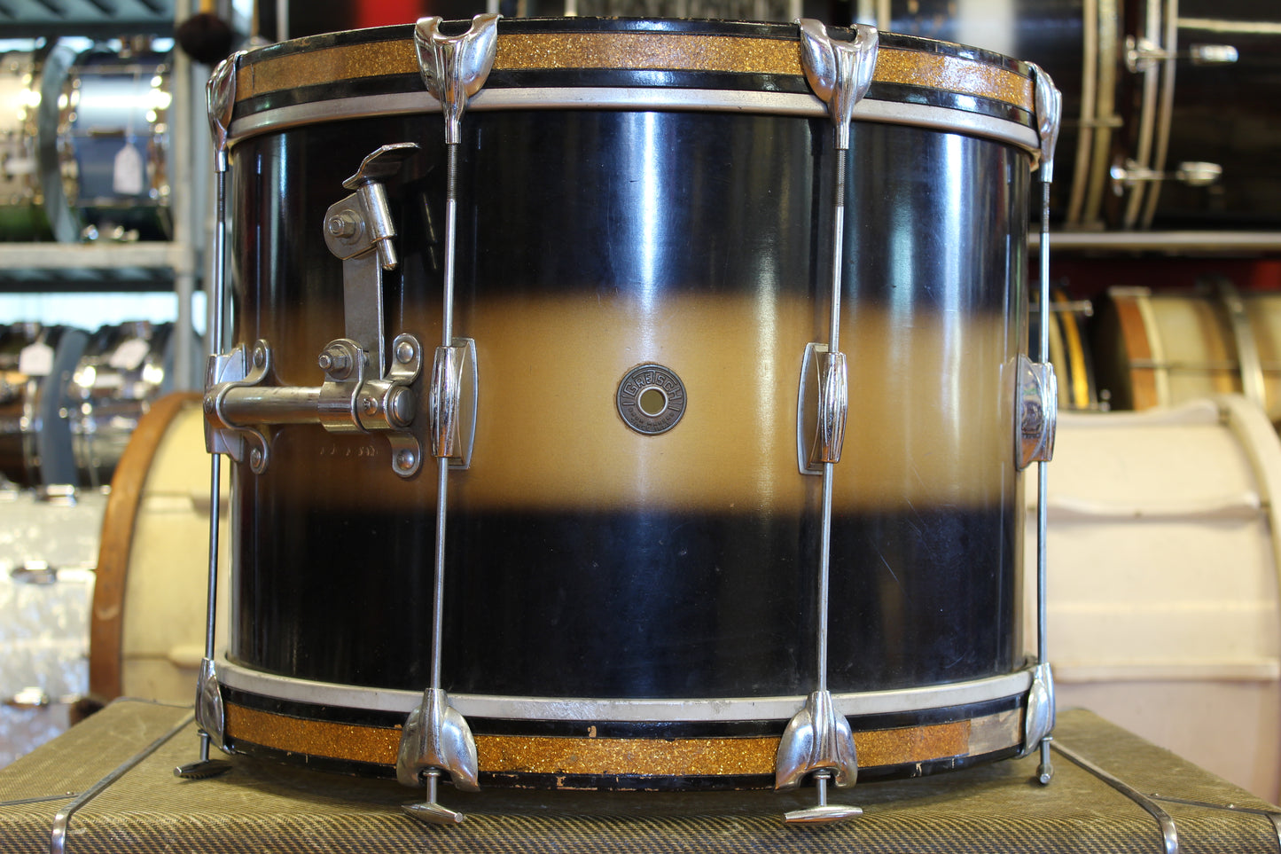 1960s Gretsch Round Badge in Black & Gold Duco 14x20 16x16 5.5x14 8x12