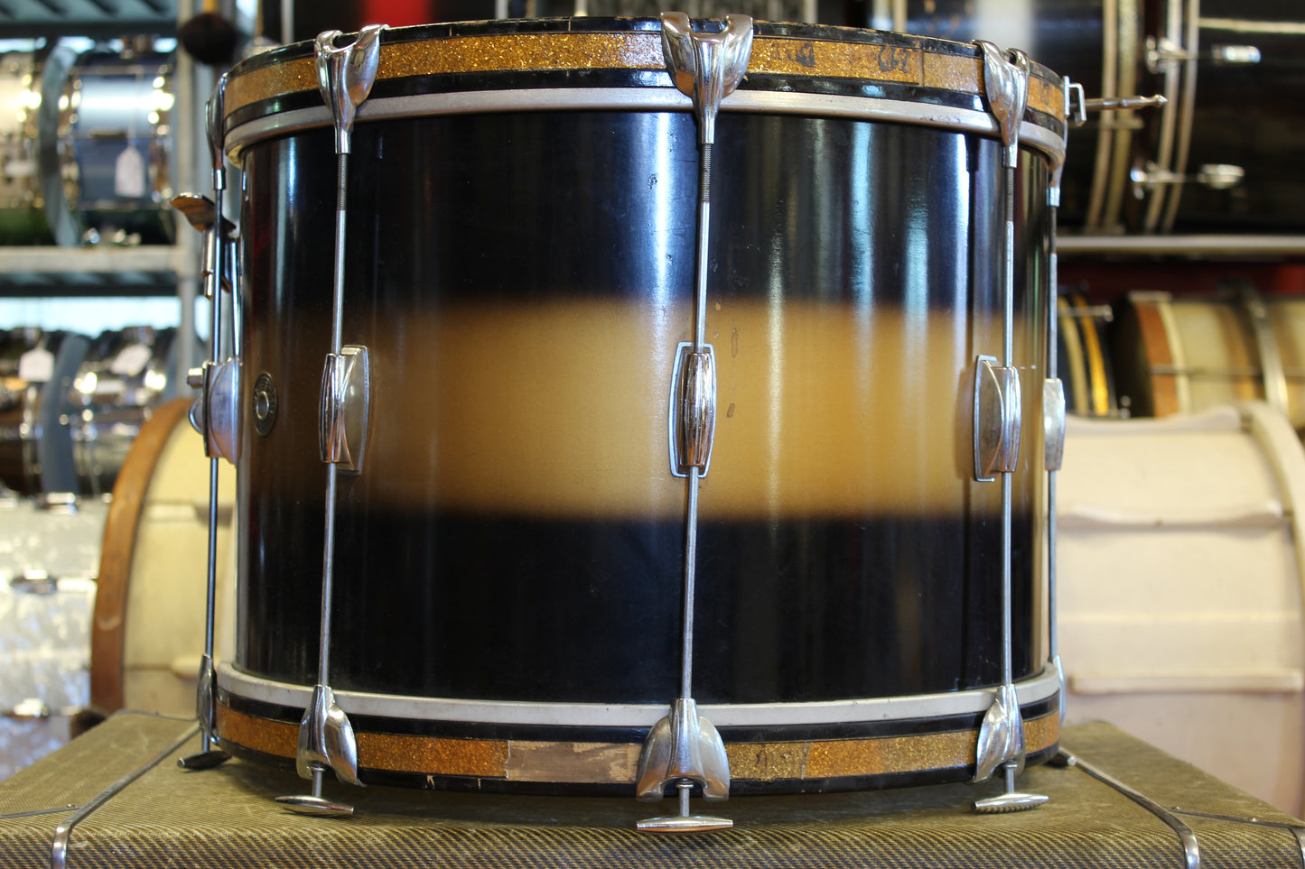 1960s Gretsch Round Badge in Black & Gold Duco 14x20 16x16 5.5x14 8x12