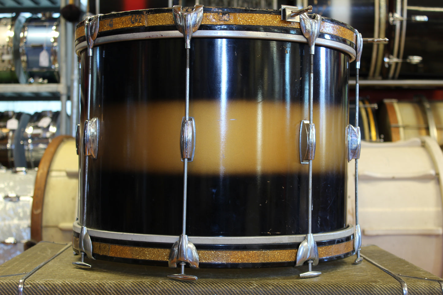 1960s Gretsch Round Badge in Black & Gold Duco 14x20 16x16 5.5x14 8x12