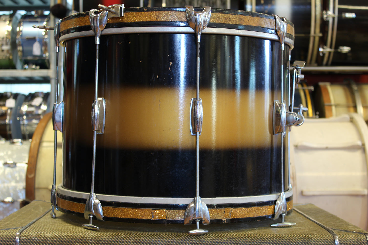 1960s Gretsch Round Badge in Black & Gold Duco 14x20 16x16 5.5x14 8x12