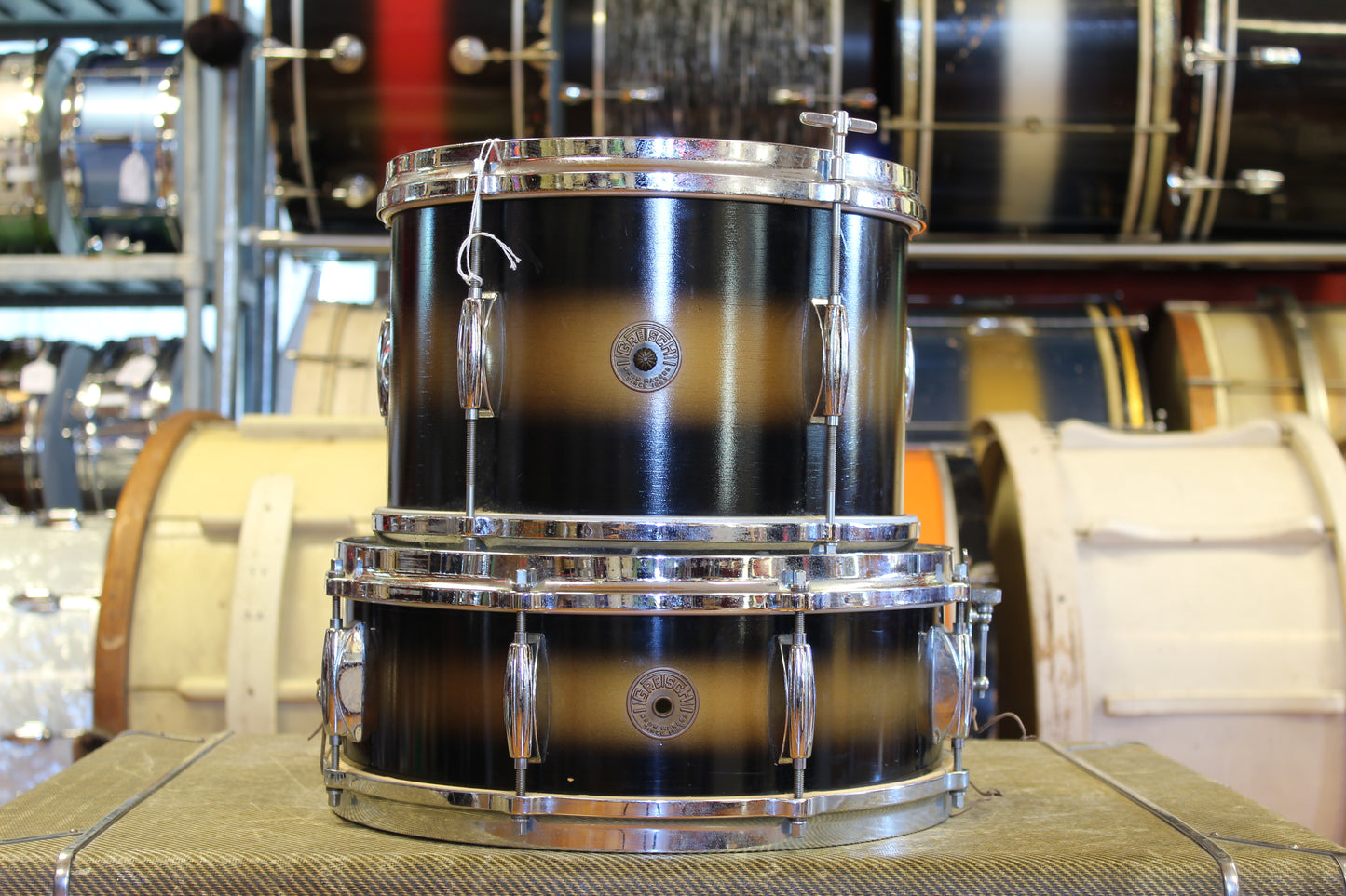 1960s Gretsch Round Badge in Black & Gold Duco 14x20 16x16 5.5x14 8x12