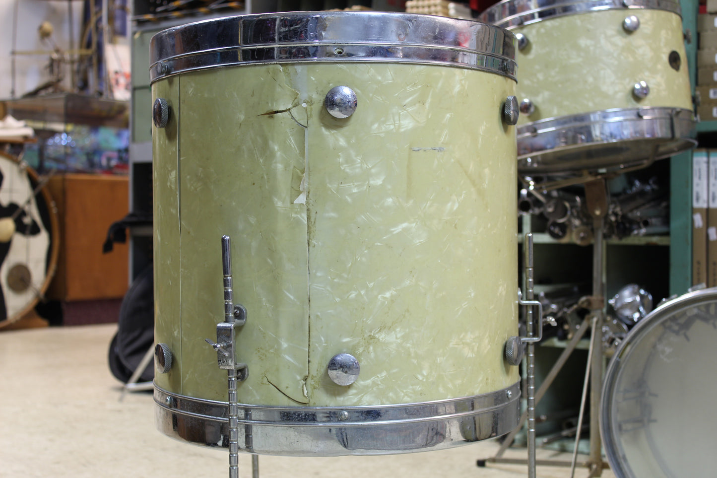 1950's Leedy & Ludwig Knob Tension Project 14x22 16x16 9x13 5.5x14 White Marine Pearl
