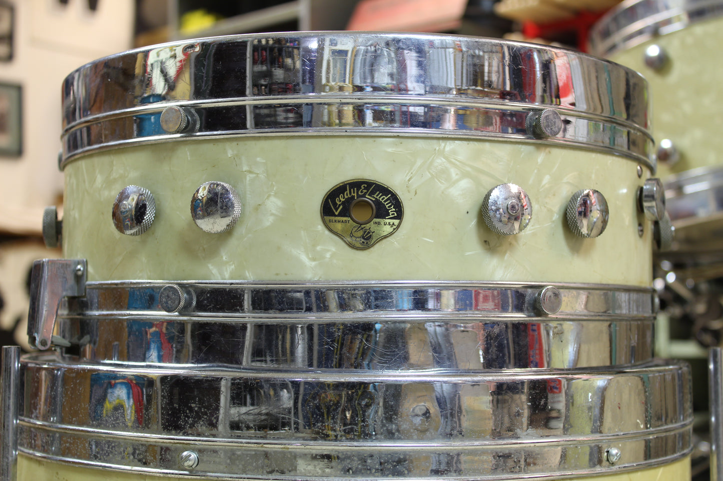 1950's Leedy & Ludwig Knob Tension Project 14x22 16x16 9x13 5.5x14 White Marine Pearl