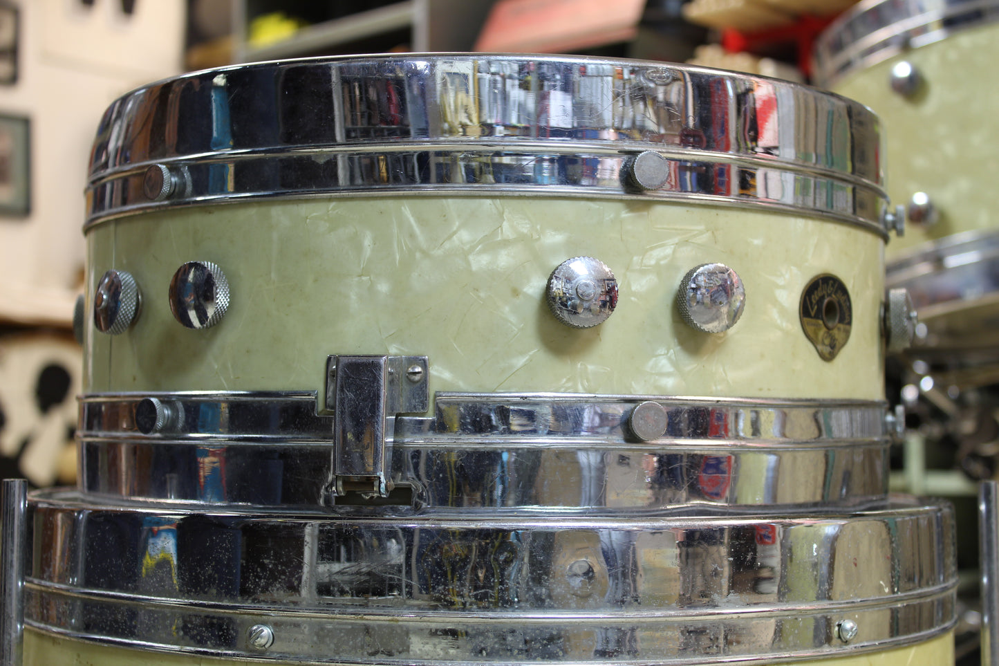 1950's Leedy & Ludwig Knob Tension Project 14x22 16x16 9x13 5.5x14 White Marine Pearl