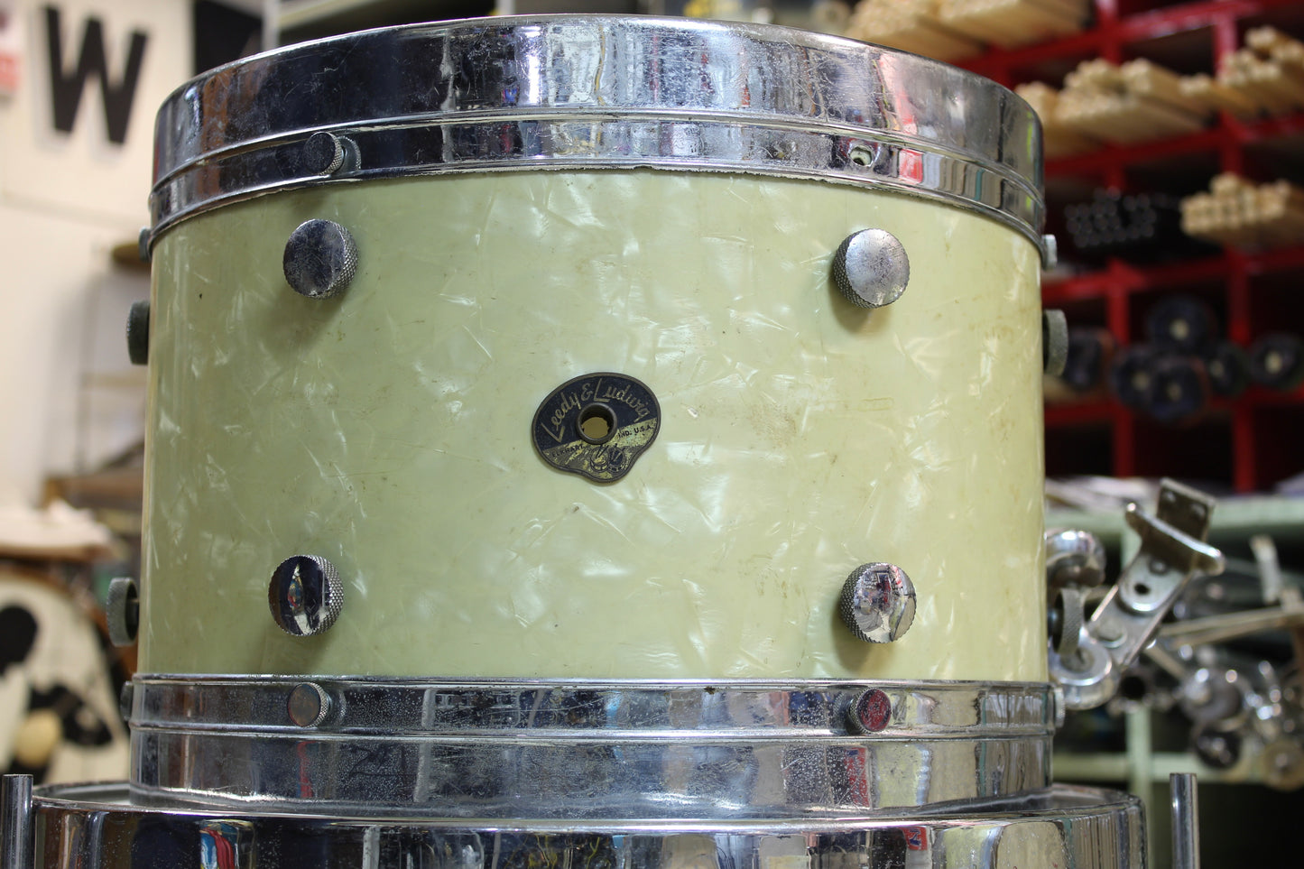 1950's Leedy & Ludwig Knob Tension Project 14x22 16x16 9x13 5.5x14 White Marine Pearl