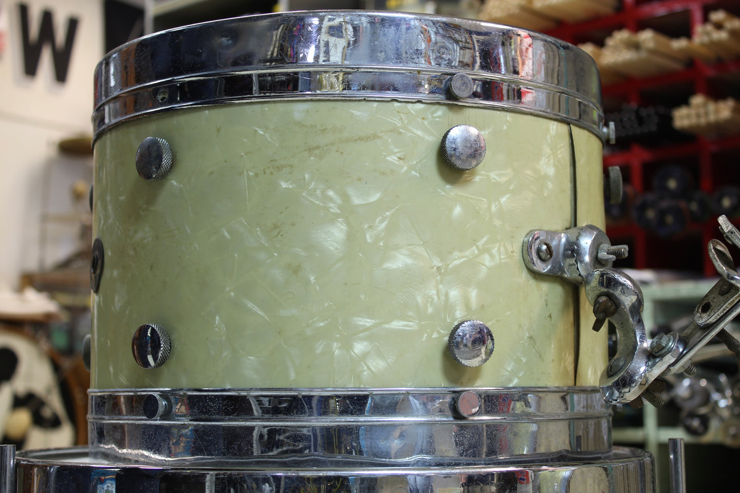 1950's Leedy & Ludwig Knob Tension Project 14x22 16x16 9x13 5.5x14 White Marine Pearl