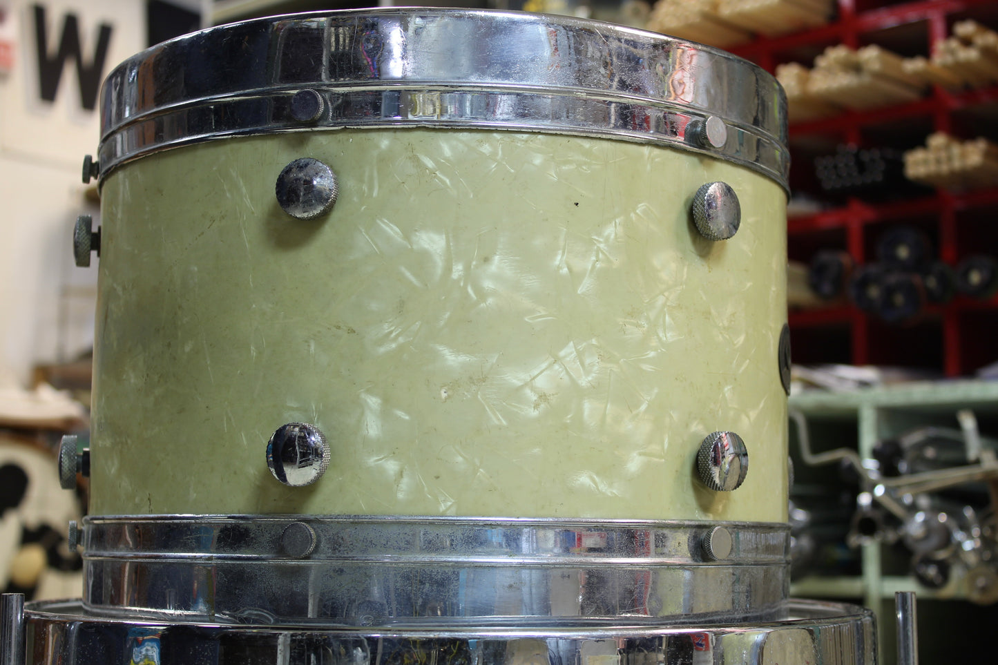 1950's Leedy & Ludwig Knob Tension Project 14x22 16x16 9x13 5.5x14 White Marine Pearl
