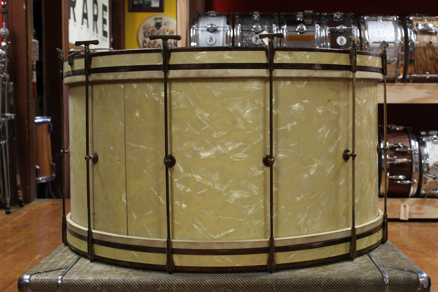 1930s Leedy 14x28 Spartan Bass Drum in White Marine Pearl w/ Knobby Gold Hardware