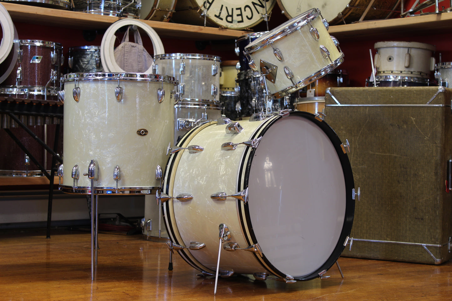1960s Slingerland Gene Krupa Deluxe in White Marine Pearl 14x22 16x16 8x12