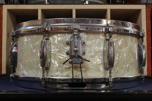 1960s Gretsch 5.5x14 Name Band Snare Drum in White Marine Pearl