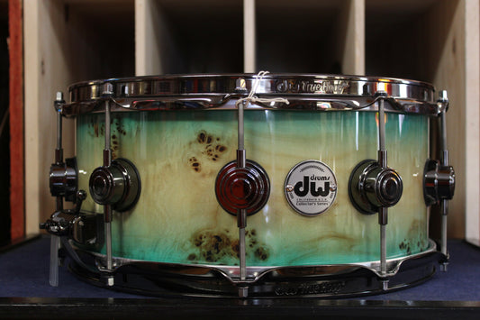DW 6x14 Collectors Series Exotic Natural to Blue Burst Over Mapa Burl w/ Black Nickel HW