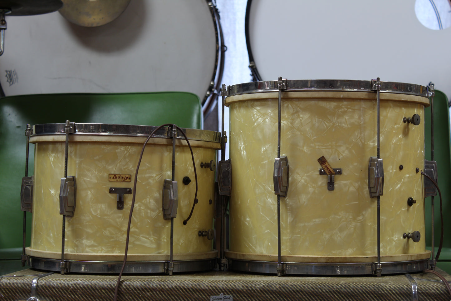 1930s Ludwig & Ludwig Special Deluxe Drum outfit in Avalon Pearl 14x28 12x14 9x13