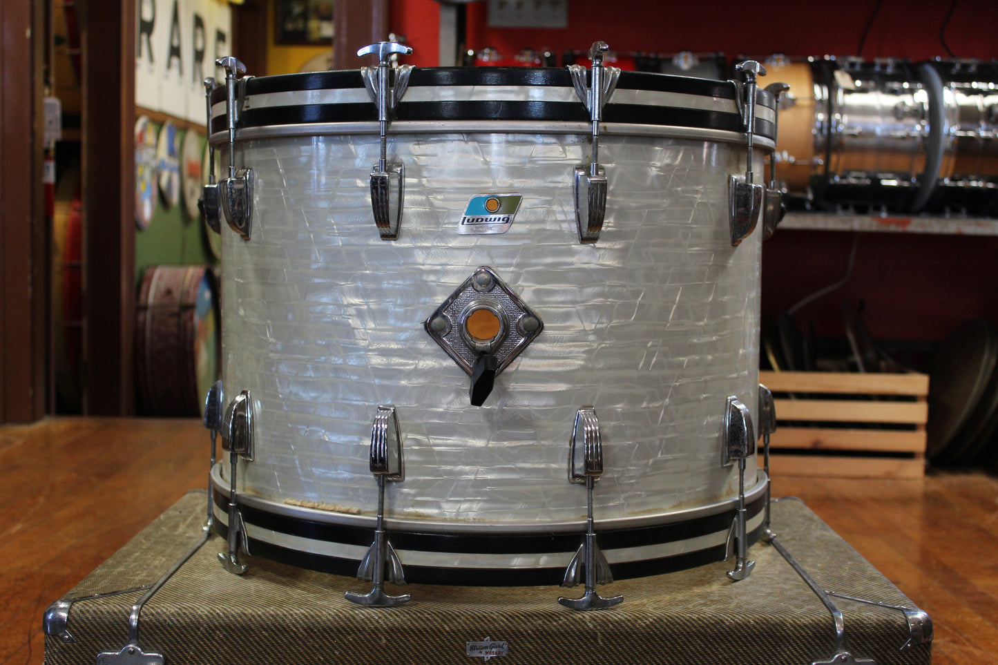 1970s Ludwig Big Beat Outfit in White Marine Pearl 14x22 8x12 9x13 16x16