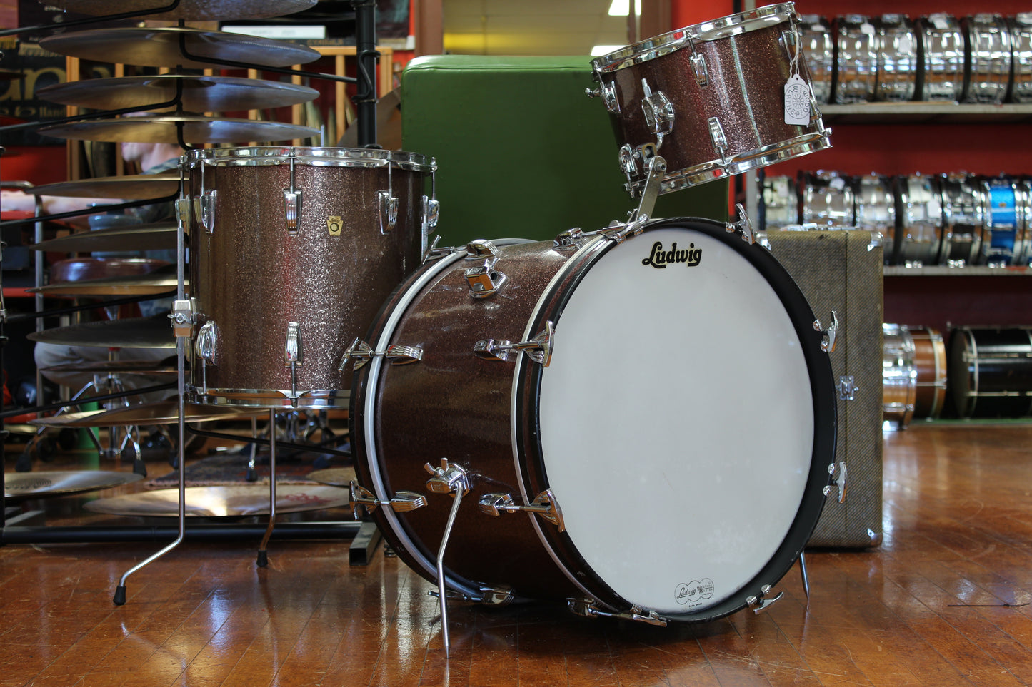 1966 Ludwig Downbeat outfit in Burgundy Sparkle 14x20 14x14 8x12