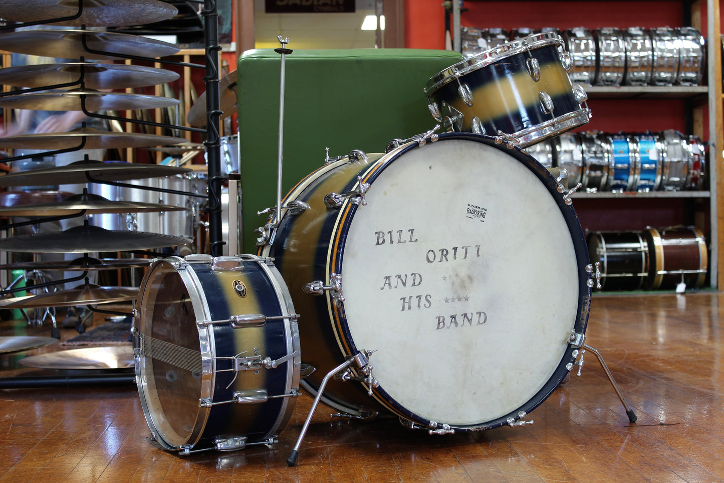 1950s Slingerland Swing-Master Ensemble in Blue & Gold Duco 14x22 6.5x14 14x14 8x12