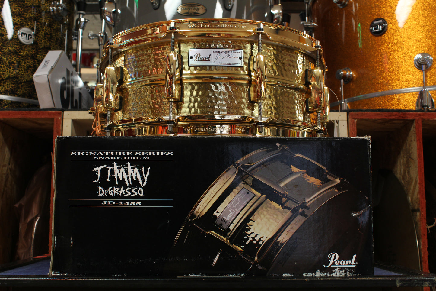 Early 2000s Pearl 5.5x14 Jimmy Degrasso Signature Snare Drum in Hammered Brass