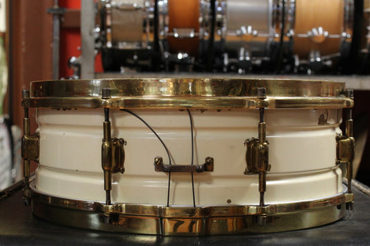 1925 Leedy 5x14 Brass Snare Drum in White Enamel and Gold Hardware