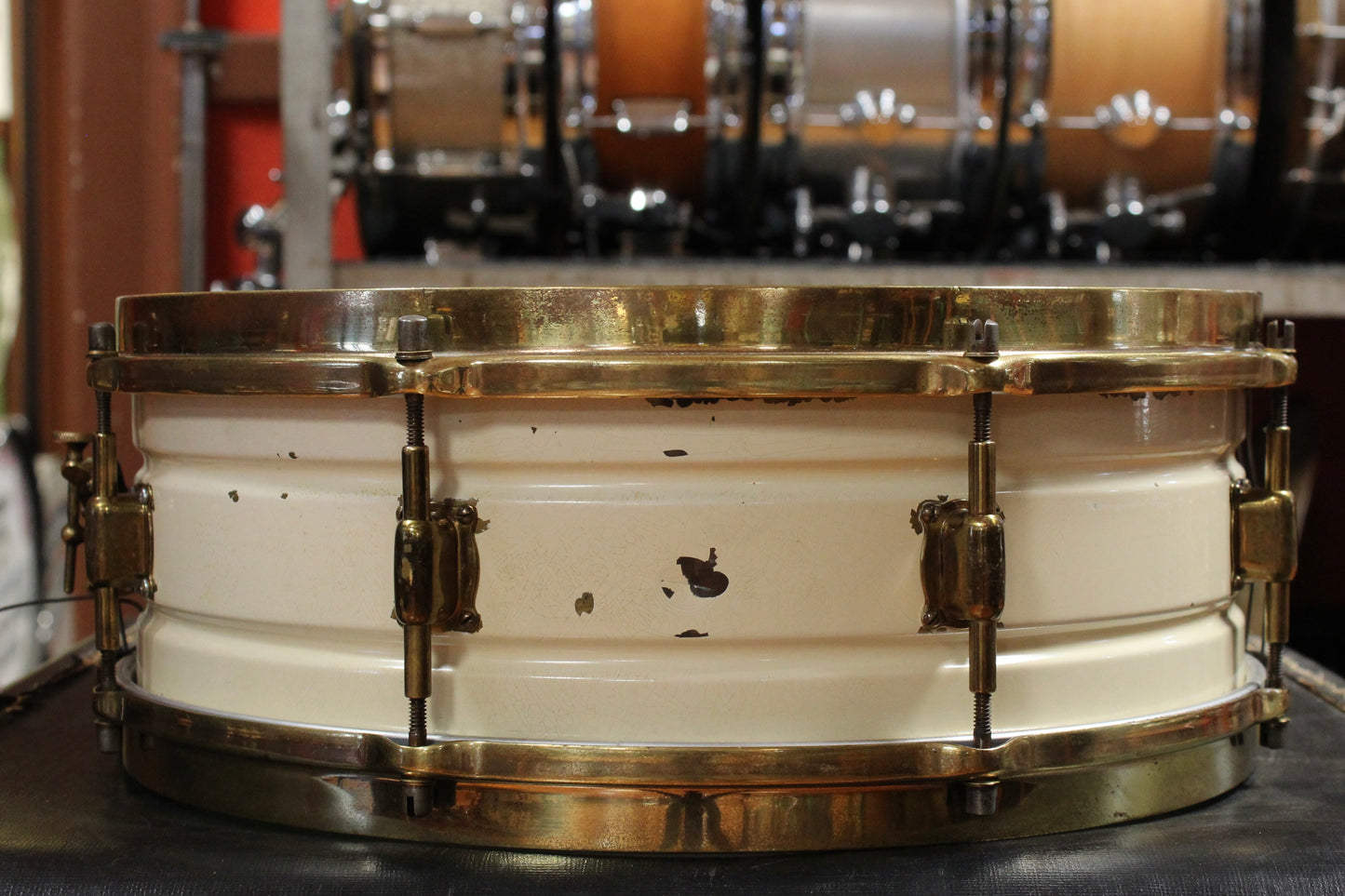 1925 Leedy 5x14 Brass Snare Drum in White Enamel and Gold Hardware