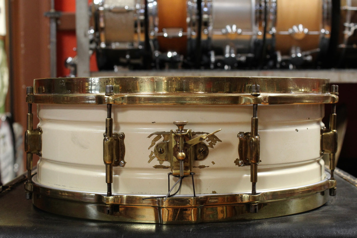 1925 Leedy 5x14 Brass Snare Drum in White Enamel and Gold Hardware