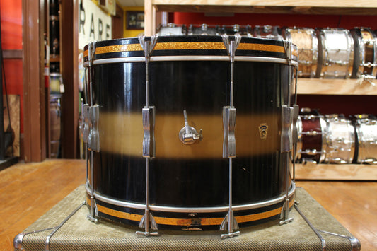 Late 1950s Ludwig 14x22 Transition Badge Bass Drum in Black and Gold Duco
