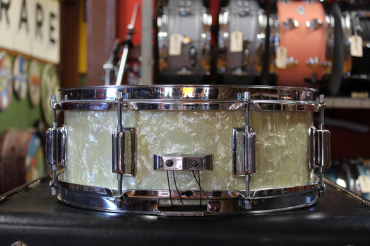 1960s Rogers 5x14 Powertone Snare Drum in White Marine Pearl