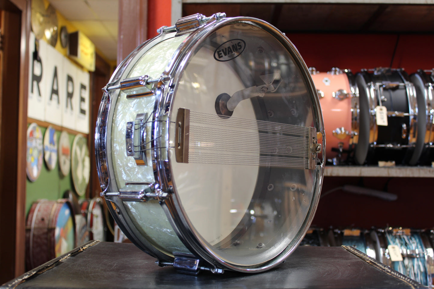 1960s Rogers 5x14 Powertone Snare Drum in White Marine Pearl