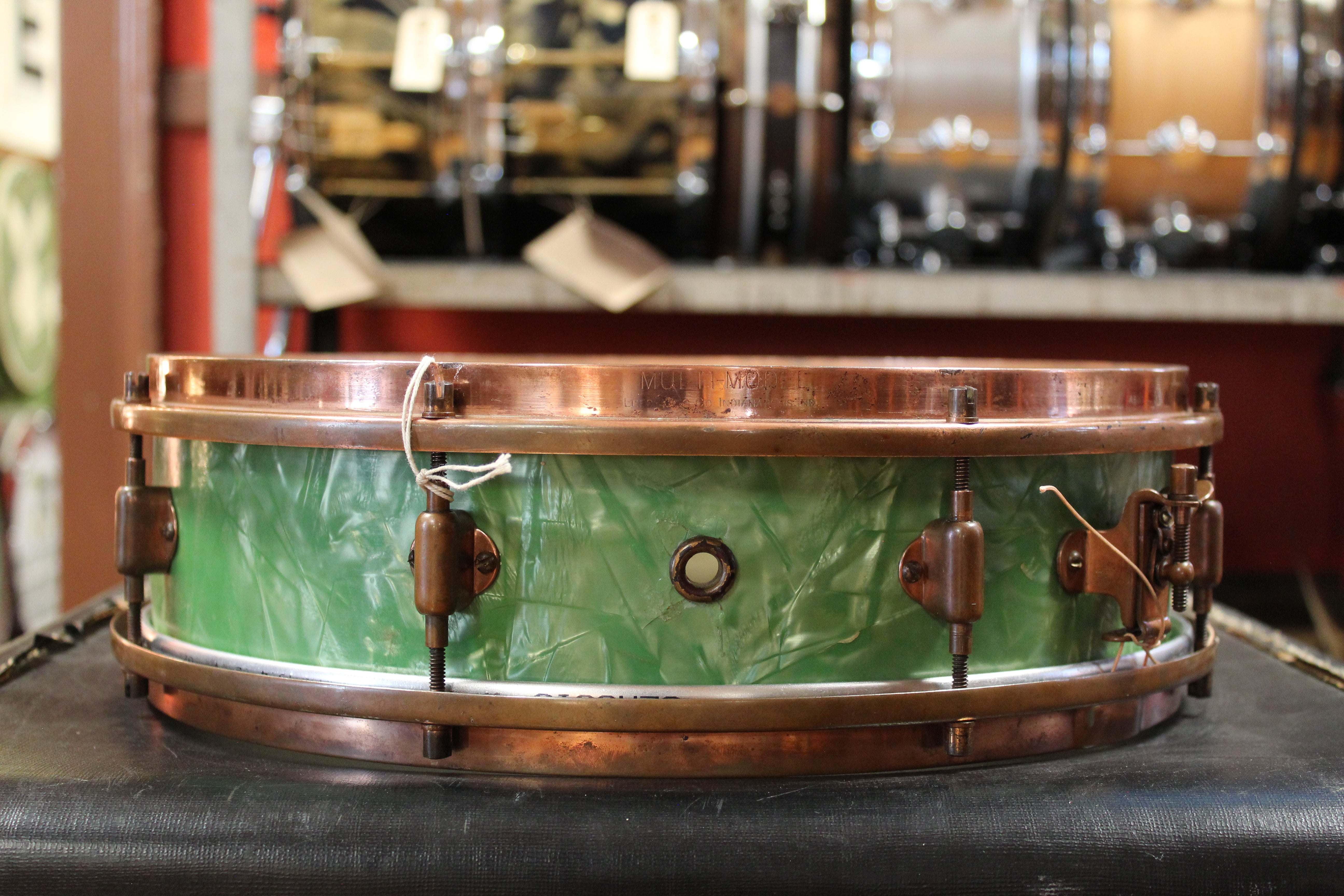 1930s Leedy 4x14 Snare Drum in Sea Green Pearl Wood & Weather Drum Shop