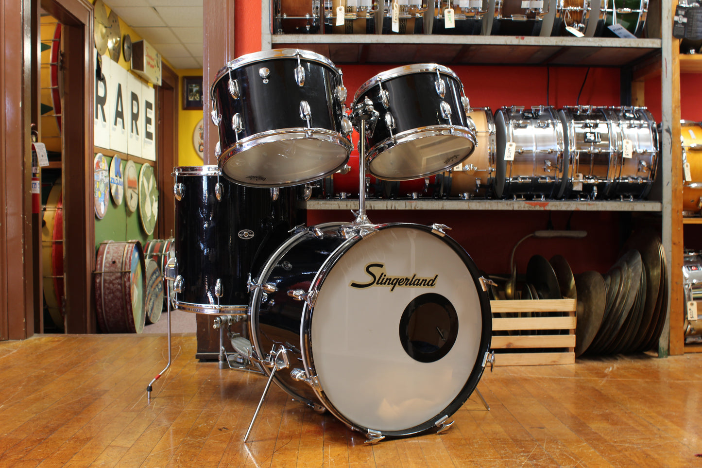 1970s Slingerland New Rock Outfit in Black Beauty Pearl 14x20 8x12 9x13 16x16