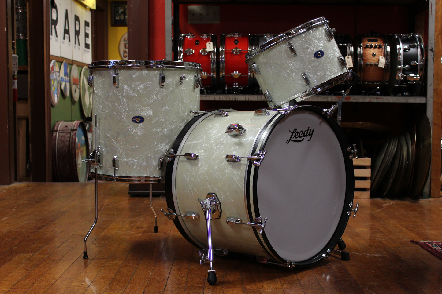 1960s Leedy Shelly Manne Outfit in White Marine Pearl 14x20 9x13 16x16