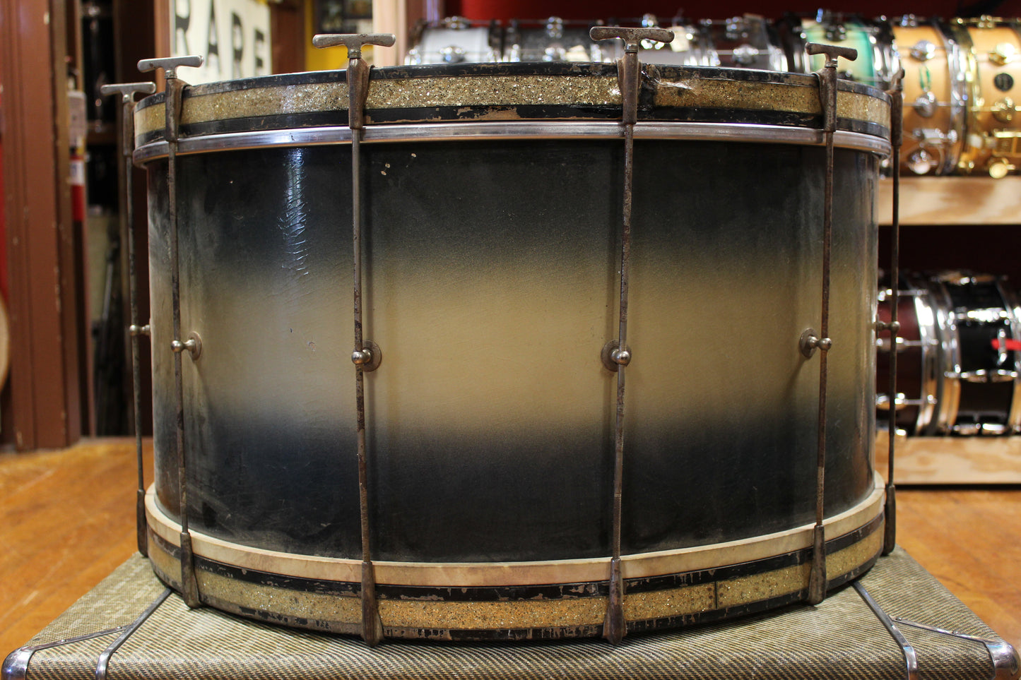 1930s Leedy 14x28 Spartan Bass Drum in Black and Gold Duco
